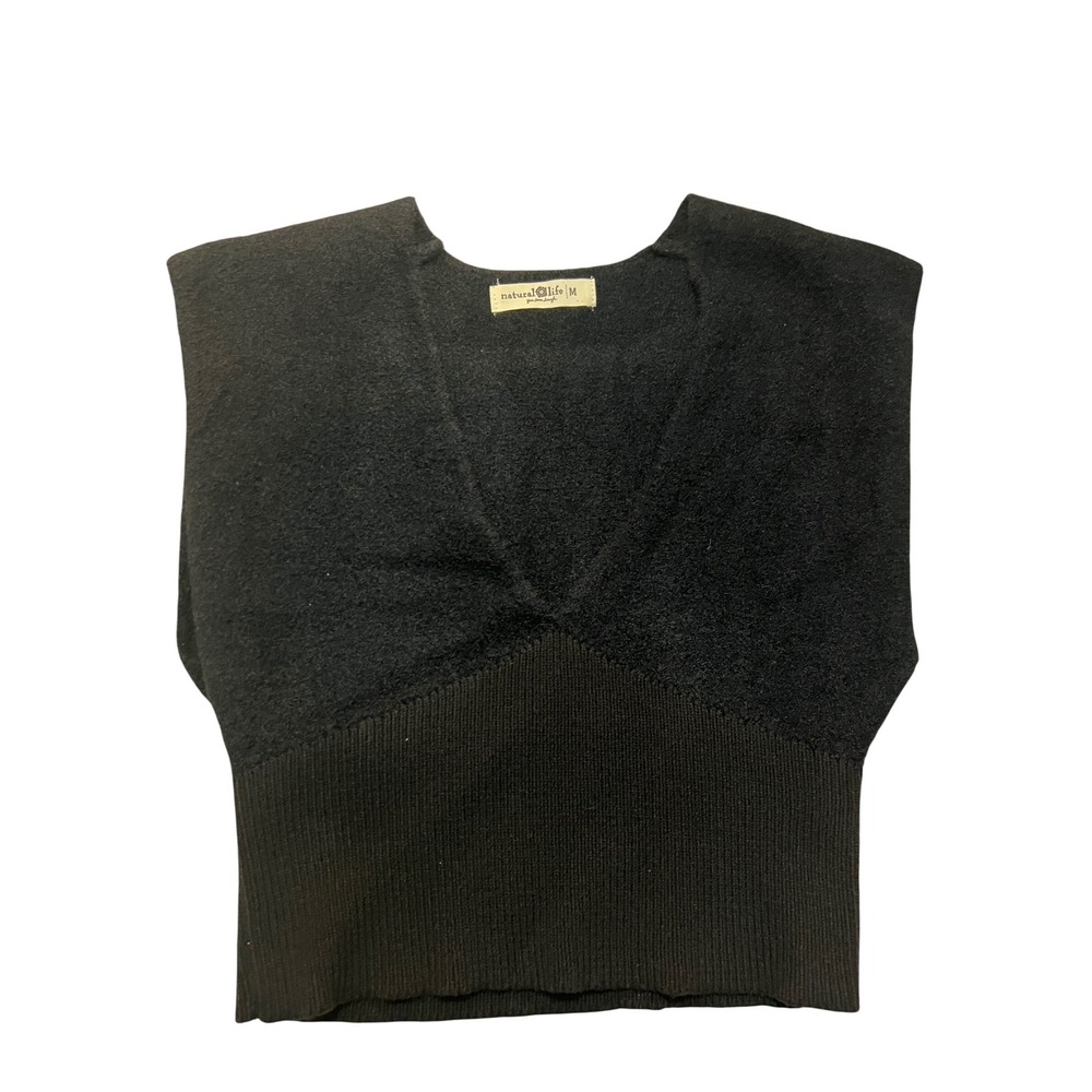 Natural‎ Life Black V-Neck Sweater Vest Mixed Texture Ribbed Hem Size M